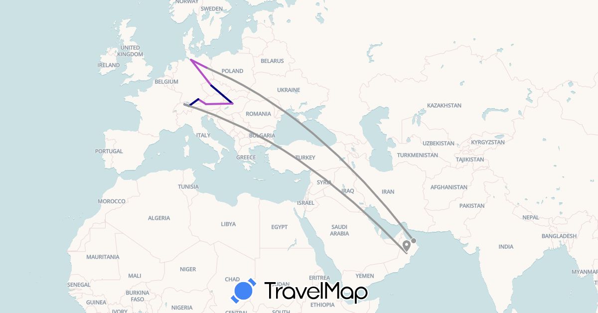 TravelMap itinerary: driving, plane, train in Austria, Switzerland, Czech Republic, Germany, Hungary, Liechtenstein, Oman (Asia, Europe)